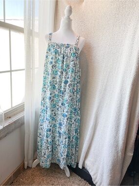 Old Navy White Maxi Dress with Blue & Teal Floral Print